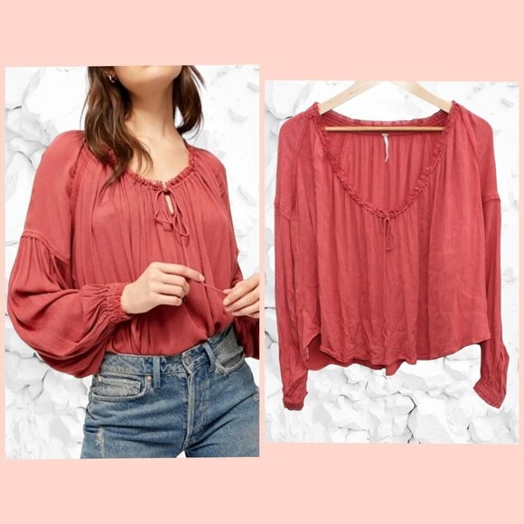 FREE PEOPLE Banda Coral Pink Blouse Long Sleeve Boho Top Size S/M oversize soft - Picture 1 of 9